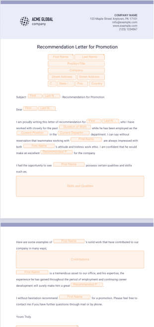 Recommendation Letter for Promotion PDF Template