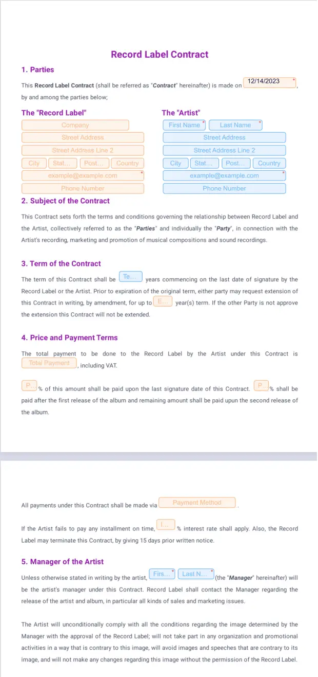 Label Signing Record Label Contract Template - PDF Templates | Jotform