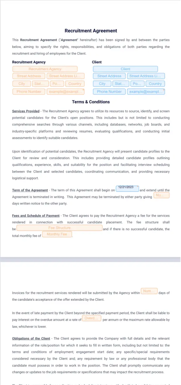 Recruitment Agreement PDF Template Jotform