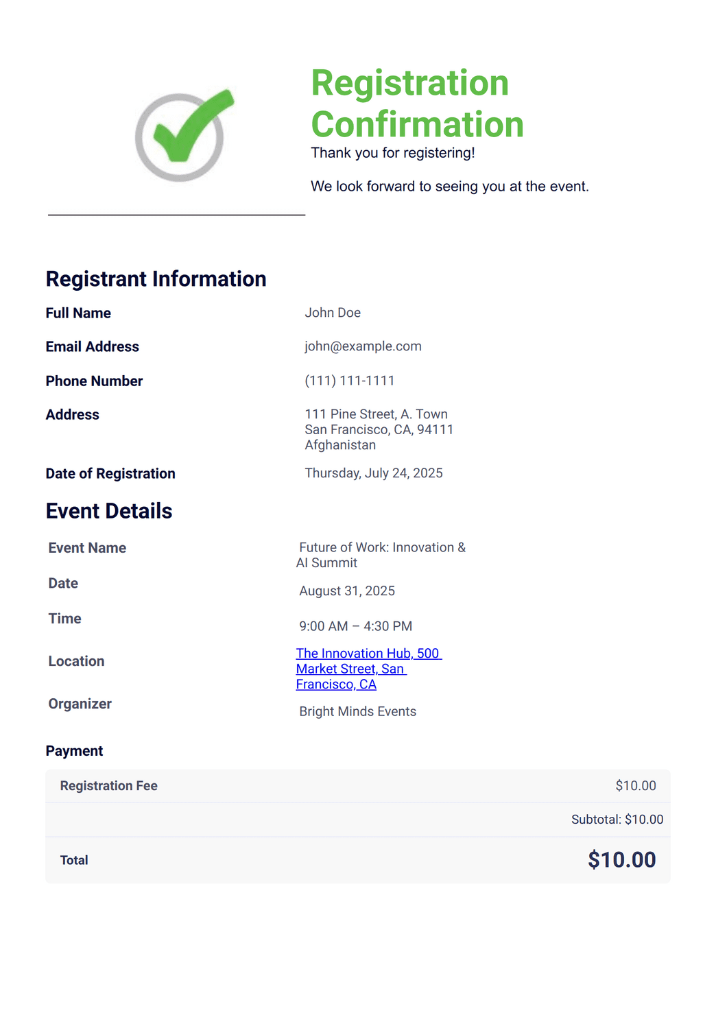 Registration Confirmation Template - PDF Templates | Jotform