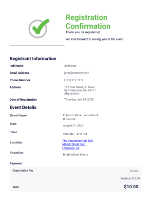 Registration Confirmation Template - PDF Templates