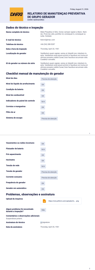Relatório de manutenção preventiva de grupo gerador Modelo de PDF