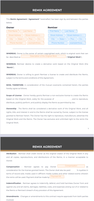 Remix Agreement - Sign Templates | Jotform