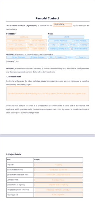 Remodel Contract Template - PDF Templates