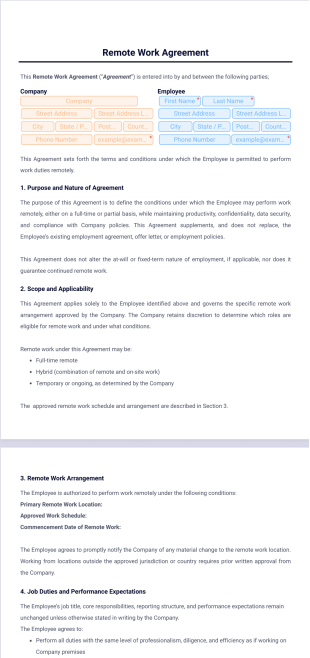 Remote Work Agreement Template - PDF Templates