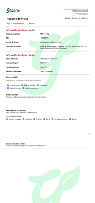 Reporte de Visita Mantenimiento Jardin Plantilla PDF