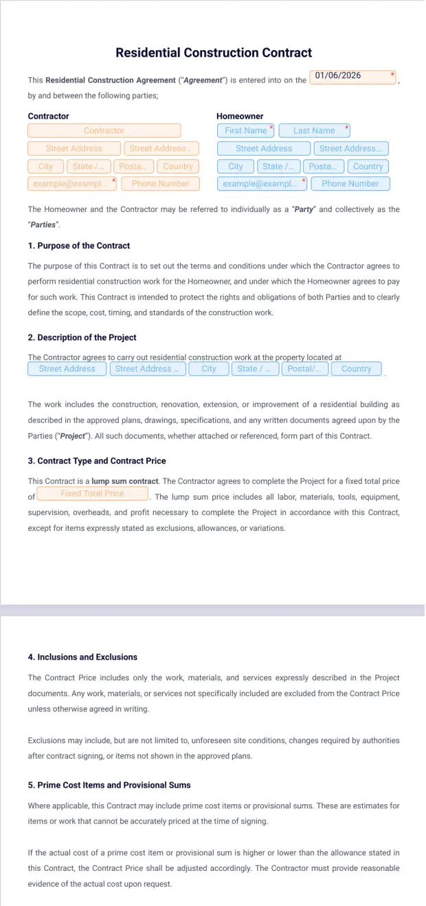 Residential Construction Contract Template