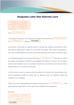 Resignation Letter After Maternity Leave PDF Template