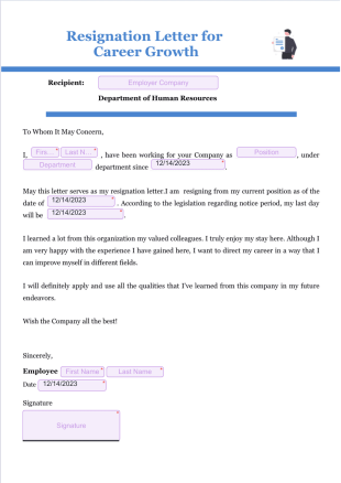 Resignation Letter for Career Growth PDF Template