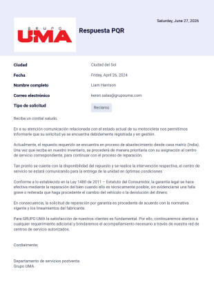 Respuesta PQR repuestos Plantilla PDF