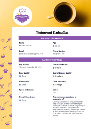 Restaurant Evaluation Template - PDF Templates