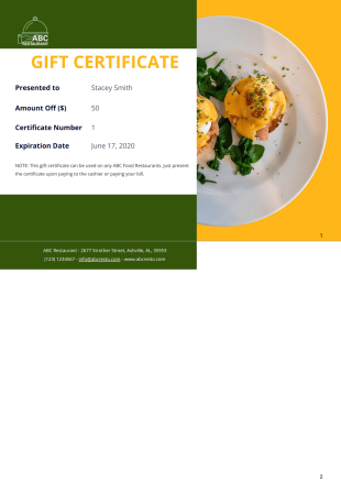 Restaurant Gift Certificate Template - PDF Templates