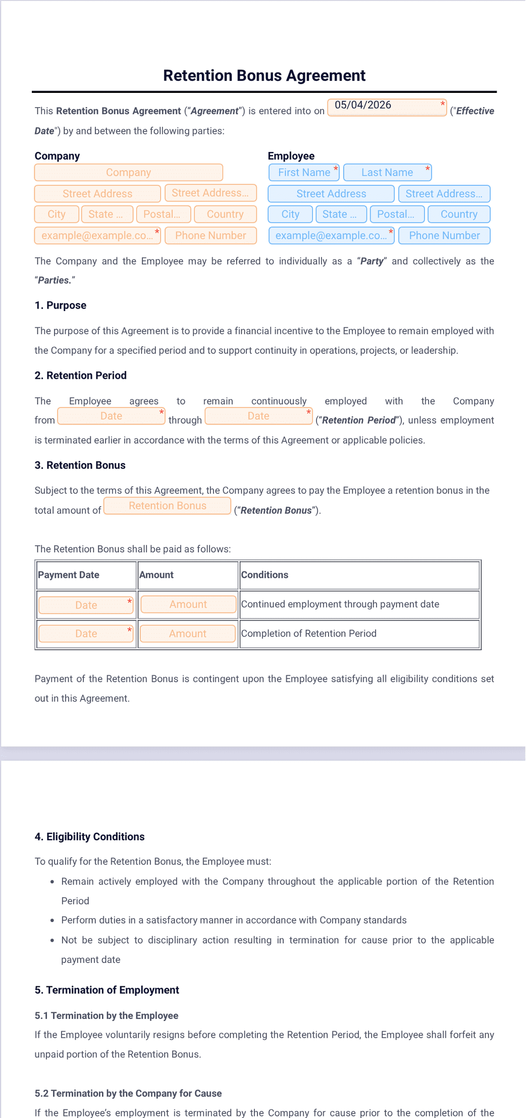 Bonus Return Form D.pdf Retention Bonus Agreement Template - PDF Templates | Jotform