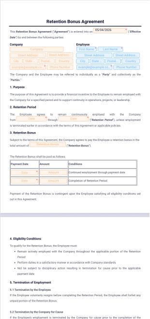Retention Bonus Agreement Template - PDF Templates