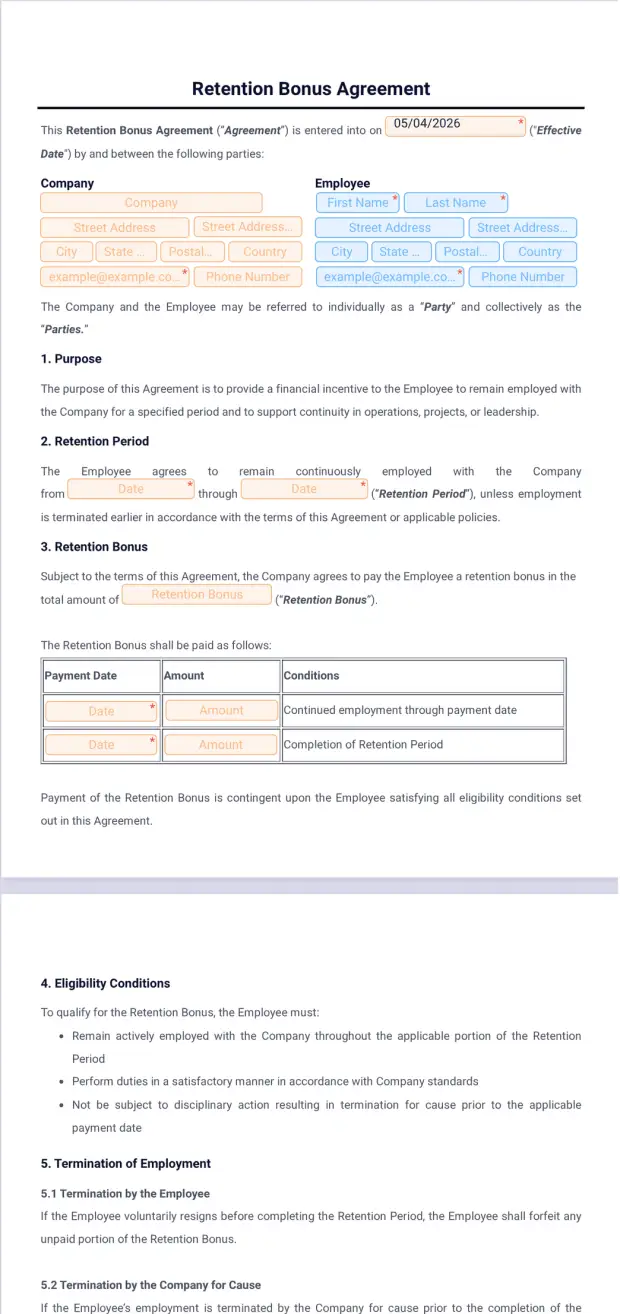 Retention Bonus Agreement Template