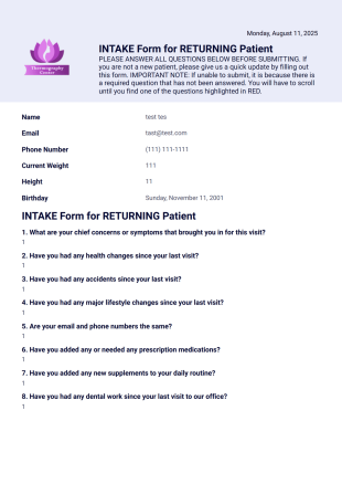 Returning intake form - PDF Templates