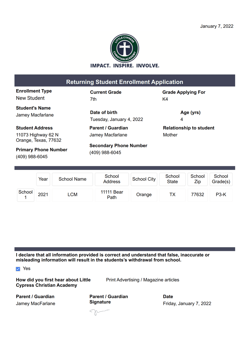 Returning Student Record PDF Template | Jotform