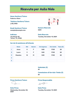 Ricevuta per Asilo Nido Template PDF