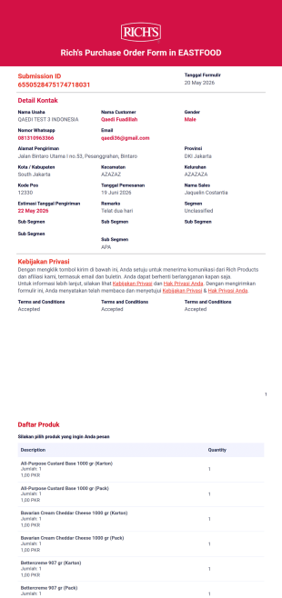 Rich's Purchase Order Form in EASTFOOD - INDONESIA Template PDF