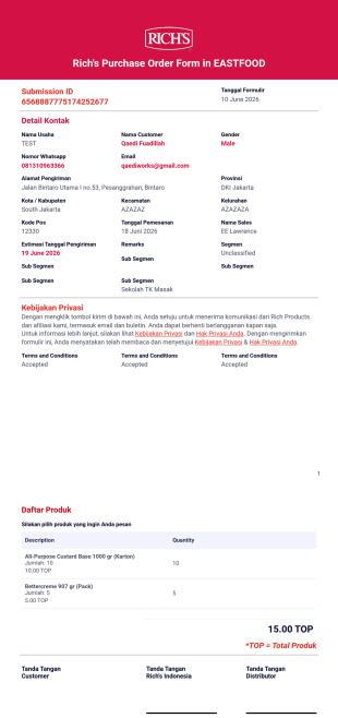 Rich's Purchase Order Form in EASTFOOD - INDONESIA Template PDF