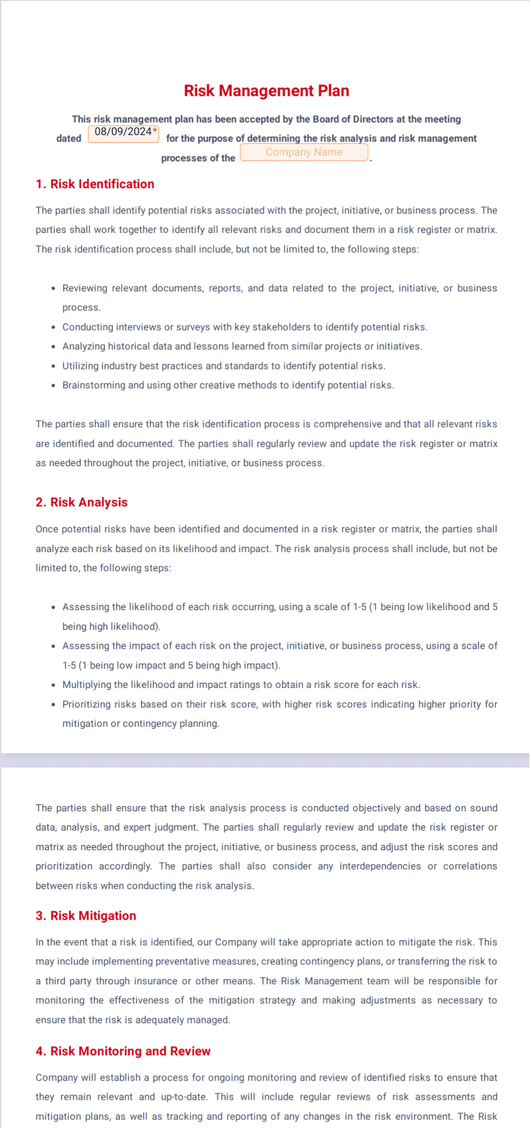 Business Risk Management Plan Template