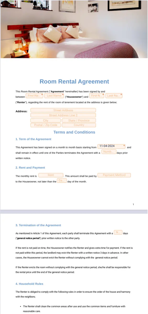 Room Rental Agreement Template