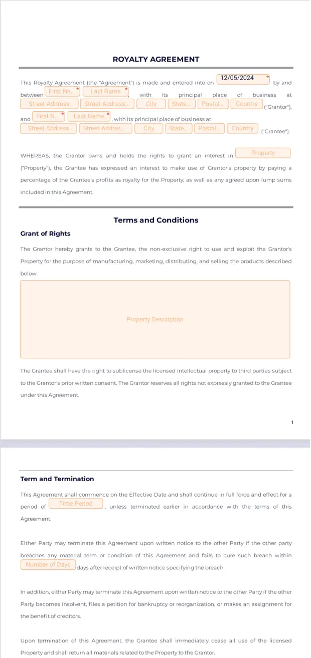 Royalty Agreement PDF Template Jotform