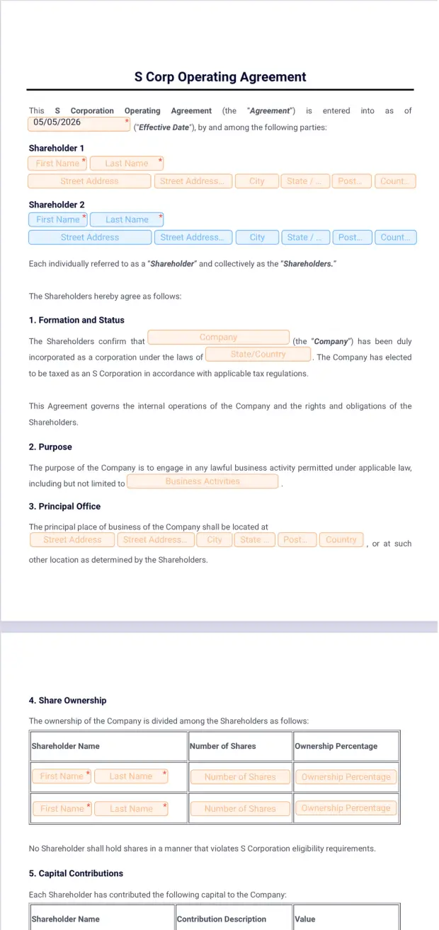 S Corp Operating Agreement Template - PDF Templates | Jotform