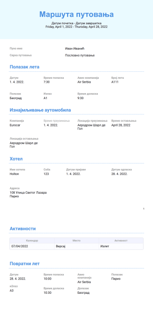 Шаблон Маршуте Пословног Путовања - PDF Шаблони