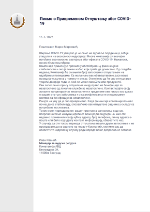Шаблон Писма о Привременом Отпуштању због COVID-19 - PDF Templates