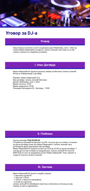 Шаблон Уговора за DJ-а - PDF Шаблони