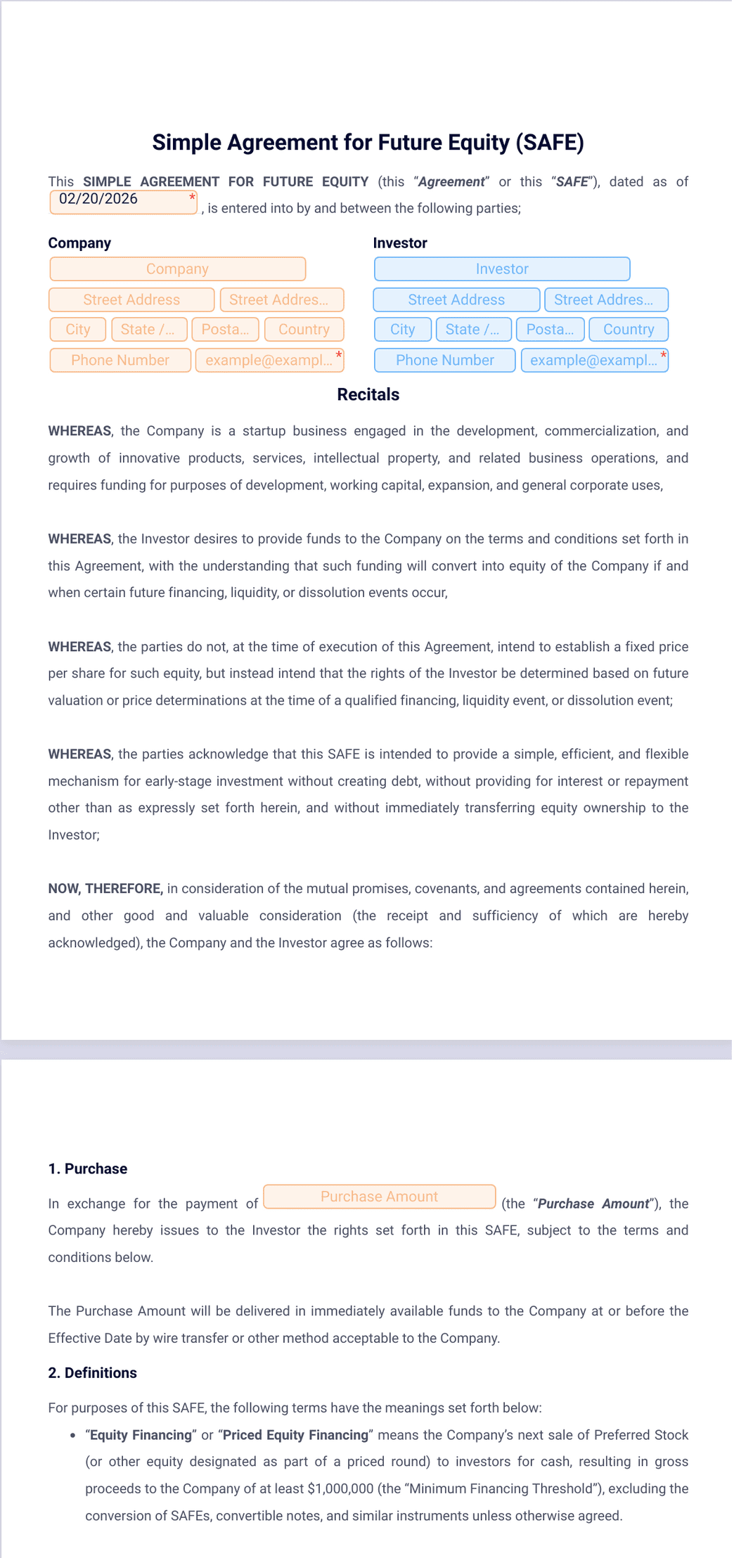 SAFE Agreement Template PDF Templates Jotform