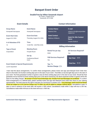 SAVAI Banquet Event Order PDF Template