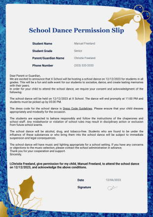 School Dance Permission Slip Template - PDF Templates