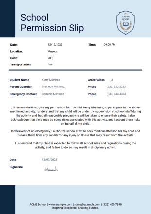 School Drop Slip Examples Bus Permission Slip Template - PDF Templates | Jotform