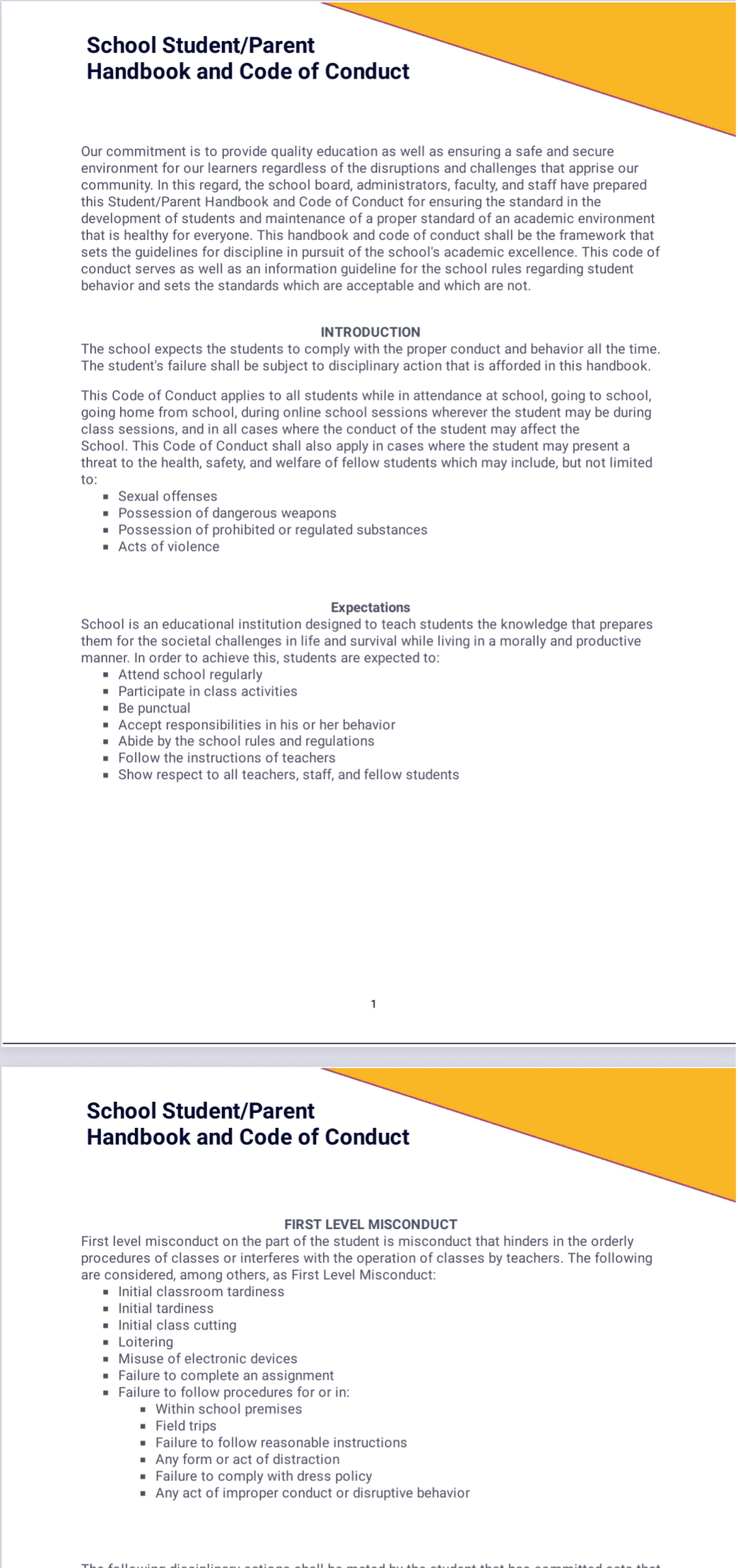 School Student Parent Handbook and Code of Conduct PDF Template | Jotform
