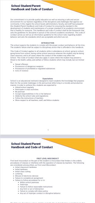 School Student Parent Handbook and Code of Conduct PDF Template
