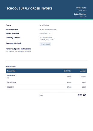 School Supply Order Invoice Template - PDF Templates