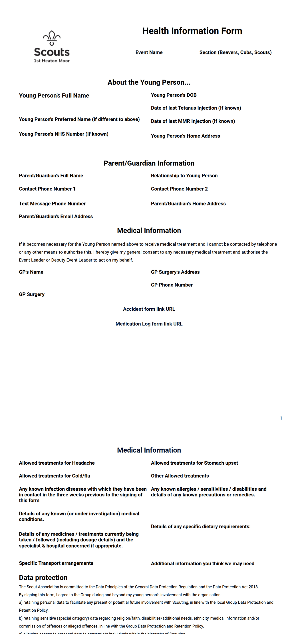 Scouts Health Information Form PDF Template | Jotform