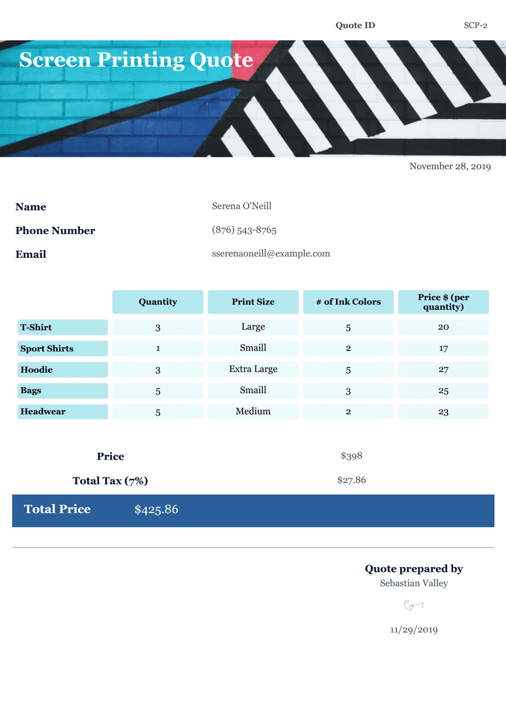 Screen Printing Quote PDF Template | Jotform