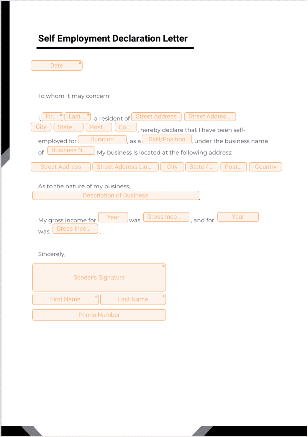 Self Employment Declaration Letter PDF Template | Jotform