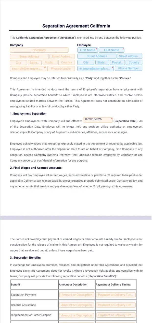 Separation Agreement California Template