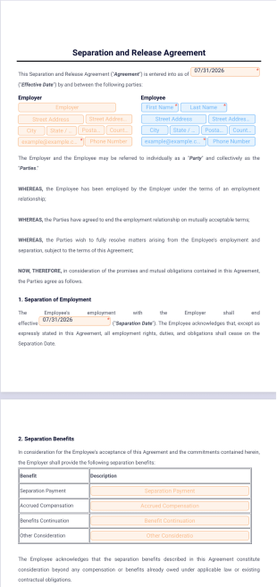 Separation and Release Agreement Template - PDF Templates