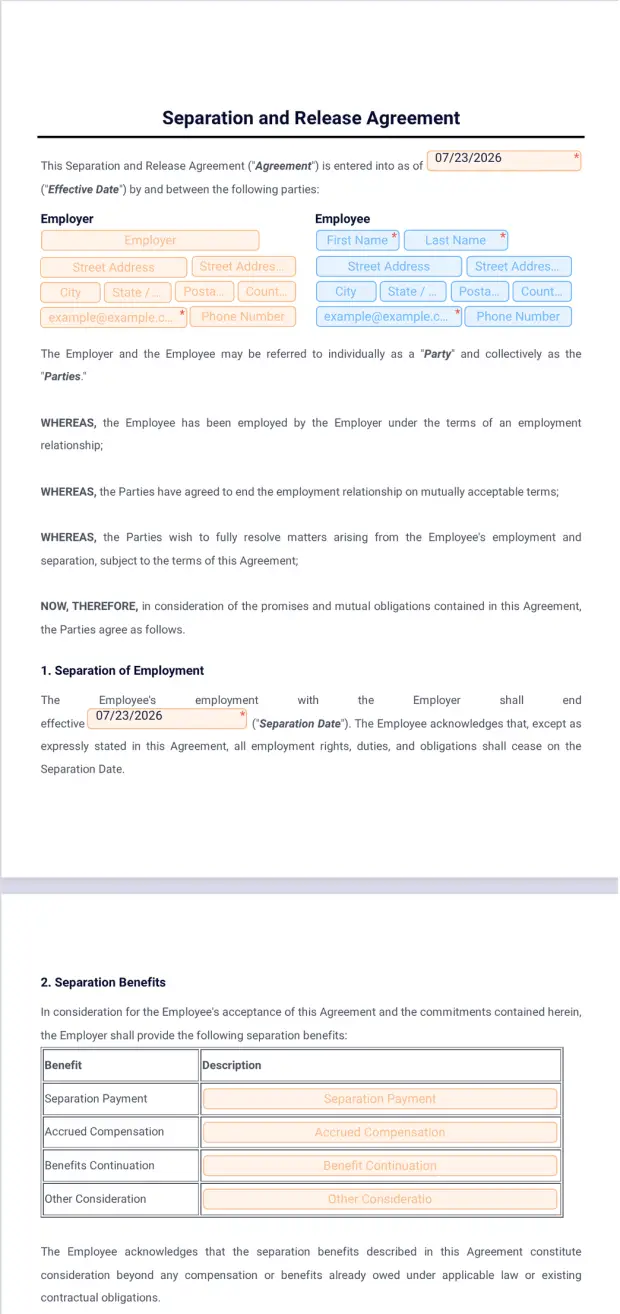 Separation and Release Agreement Template