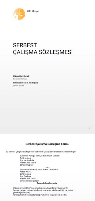 Serbest Çalışma Sözleşmesi Şablonu - PDF Templates
