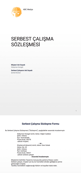 Serbest Çalışma Sözleşmesi Şablonu - PDF Templates