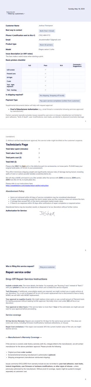 Service order PDF Template