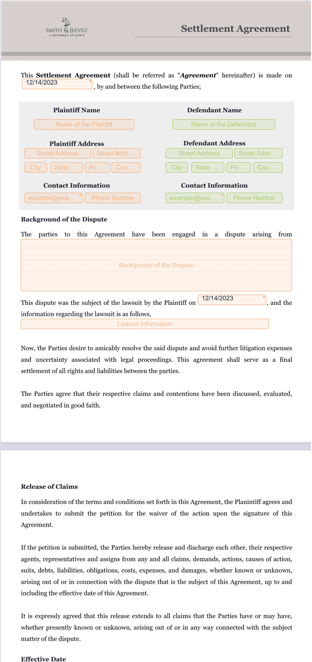 Settlement Agreement Template - PDF Templates | Jotform