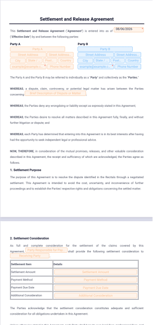 Settlement and Release Agreement Template - PDF Templates