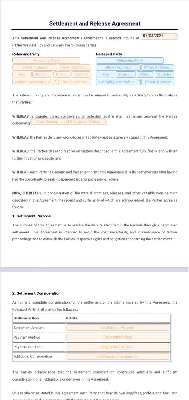 Settlement and Release Agreement Template